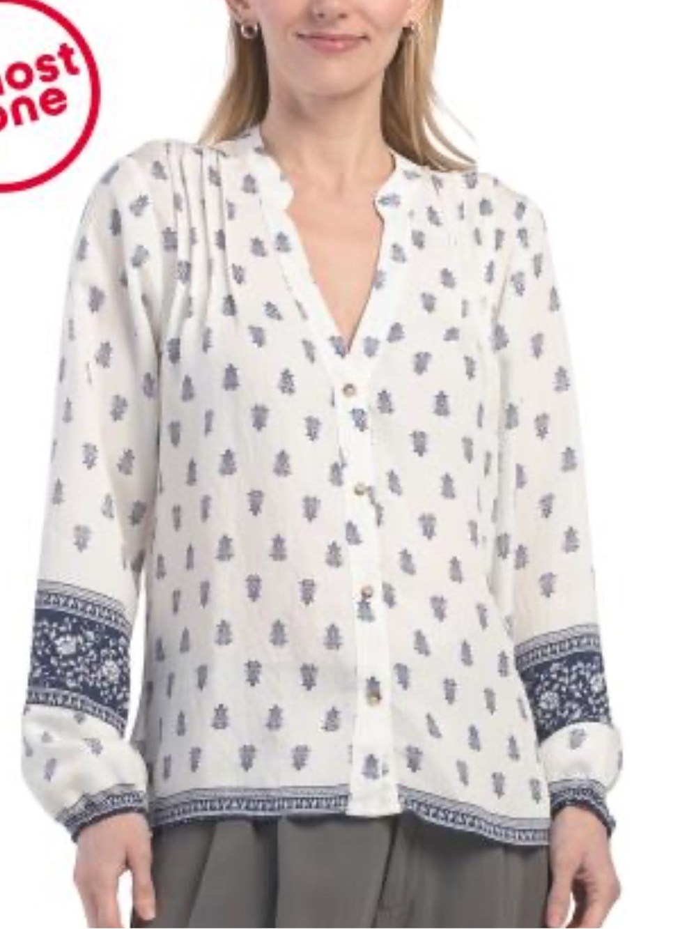 White Button-Down Top with Blue Paisley Print